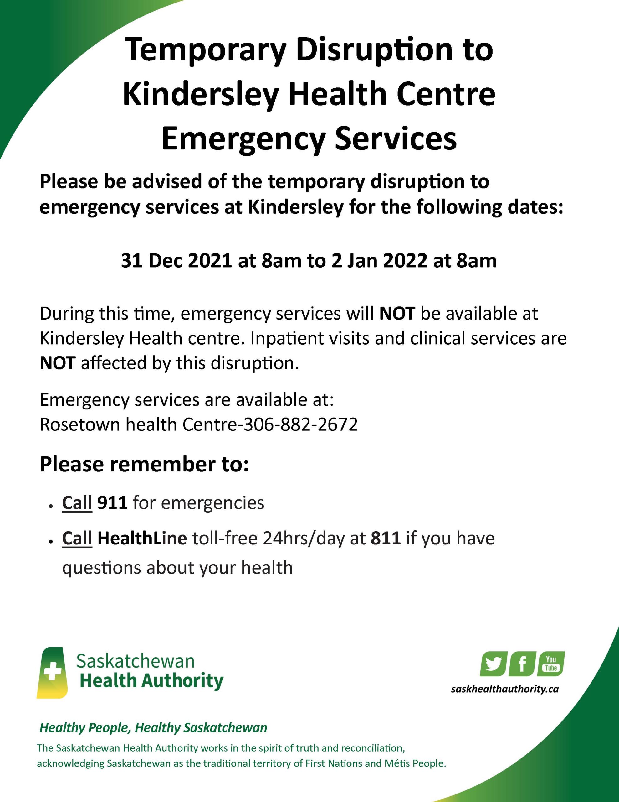 Temporary Disruption to Emergency Services at Kindersley & District